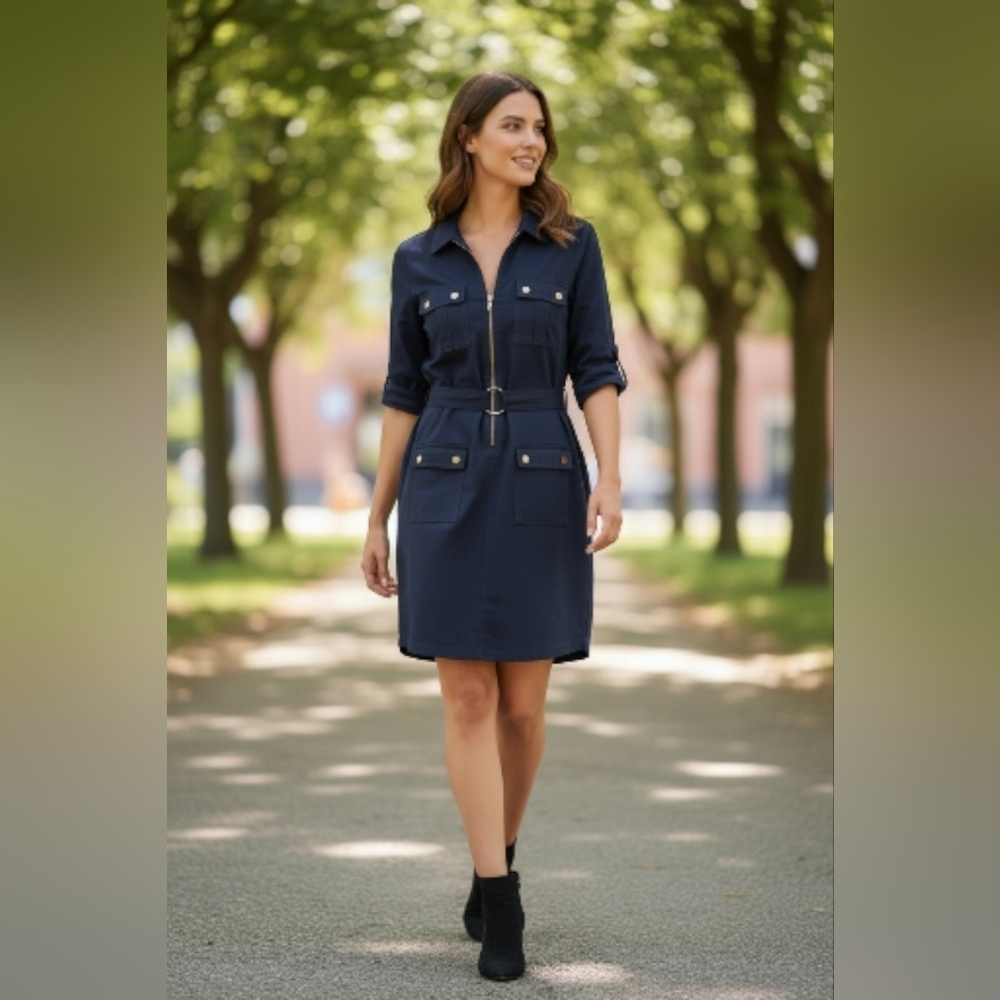 Sharagano Navy Midi Dress with Utility Pockets